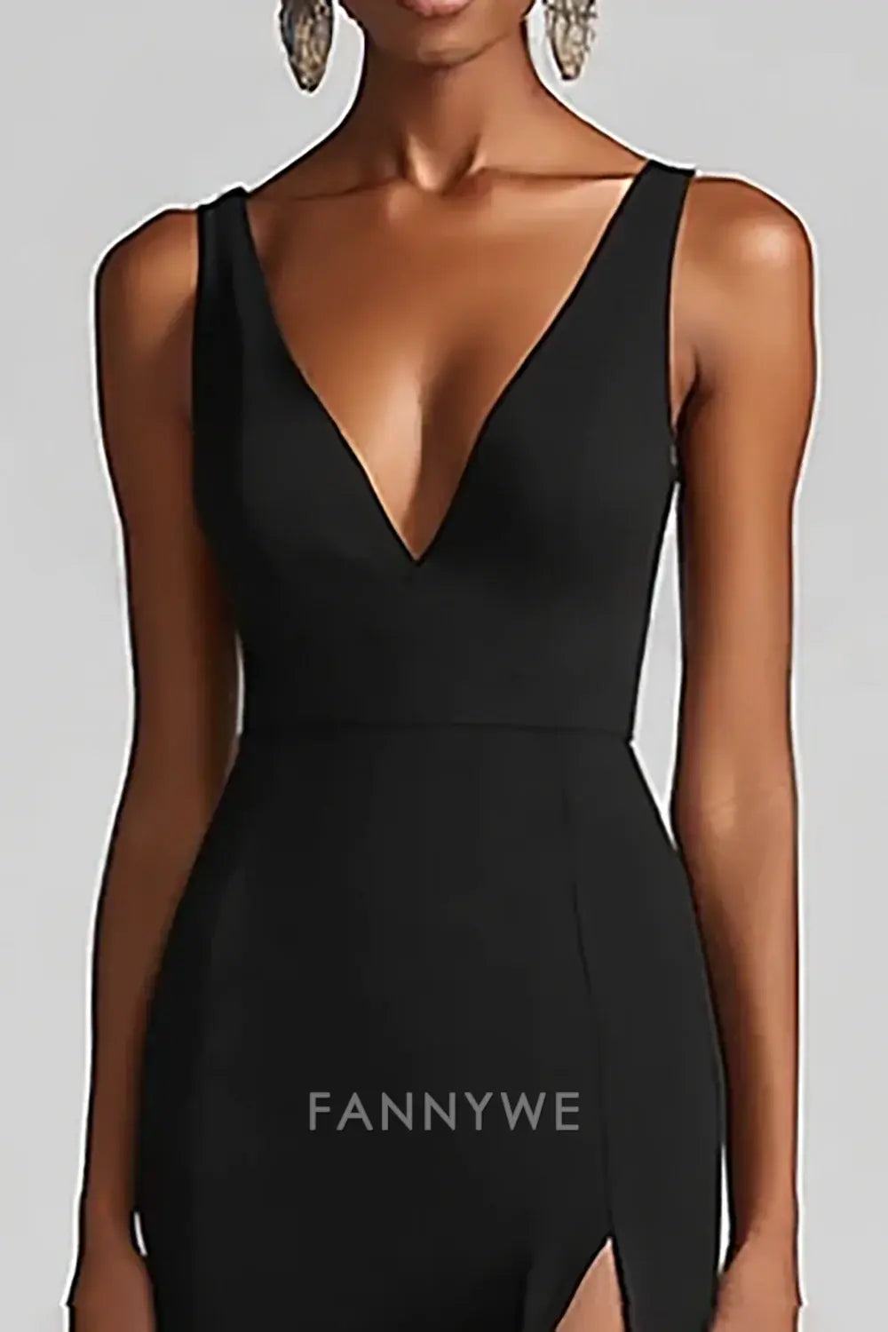 FannyWe Elegant Black Mermaid Chiffon V Neck Long Formal Dress with Slit formal wear dresses